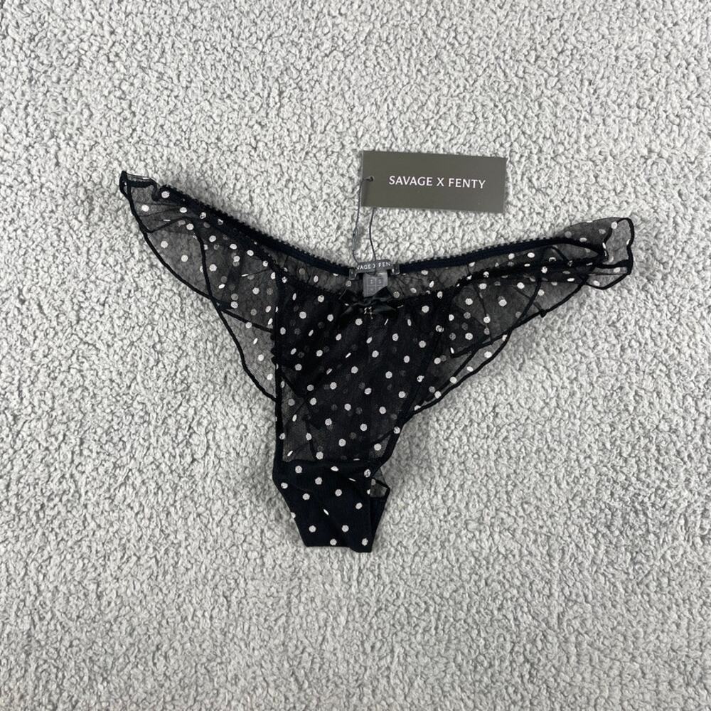 Savage X Fenty Women's Small Black 100% Polyester On The Dot String Thong Panty